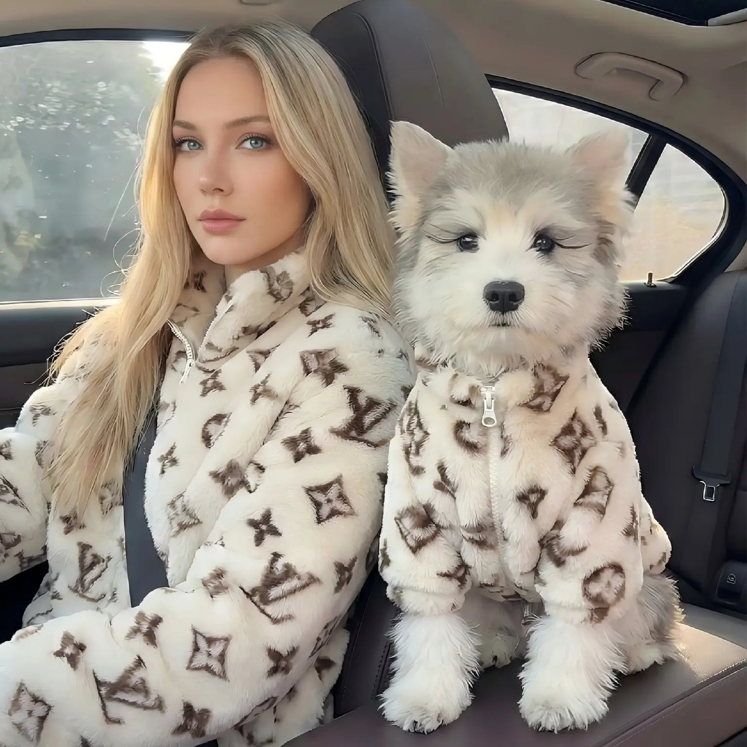 Chic Monogram Faux Fur Dog Coat - Stylish Designer Jacket for Small Dogs & Puppies
