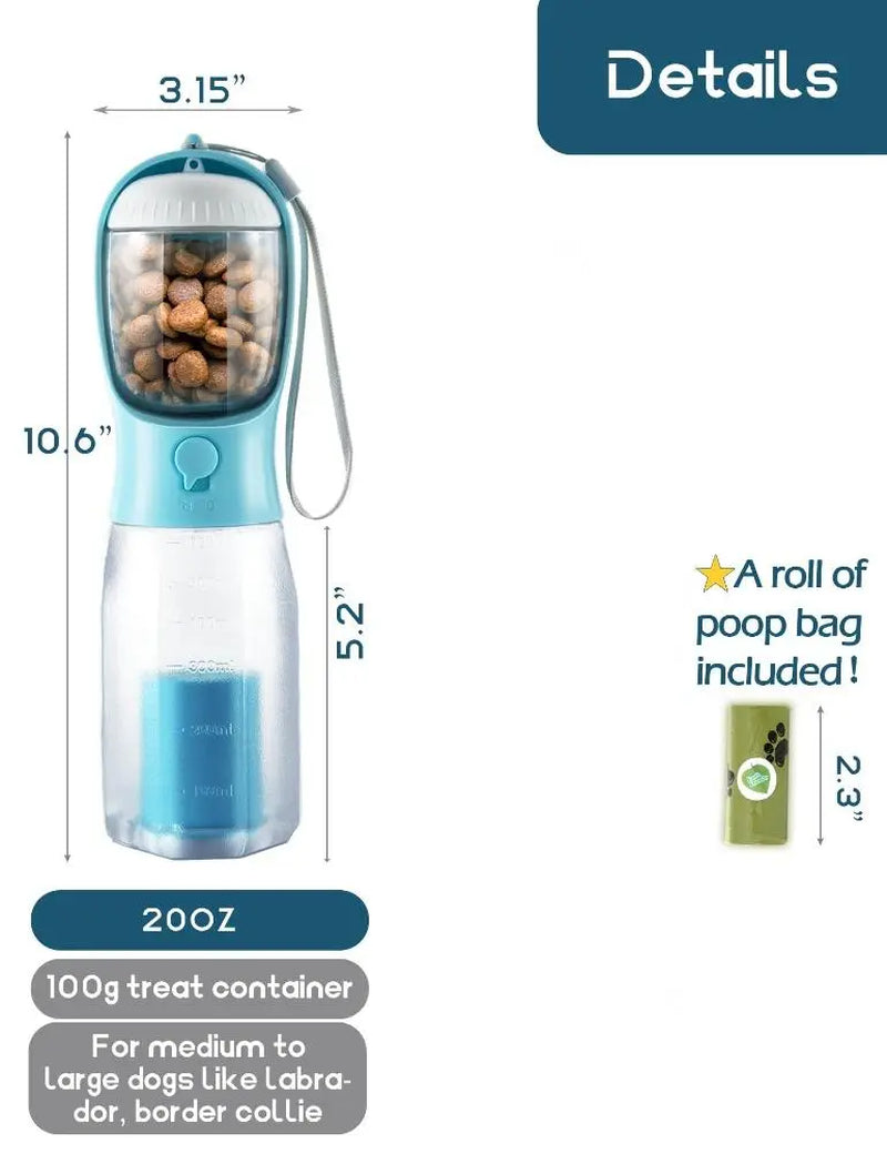 Ultimate 3-in-1 Portable Water Bottle for Dogs - Travel Bowl, Treat Container & Poop Bag Holder - Perfect for Summer Adventures with Large Dogs - Blue, 20Oz