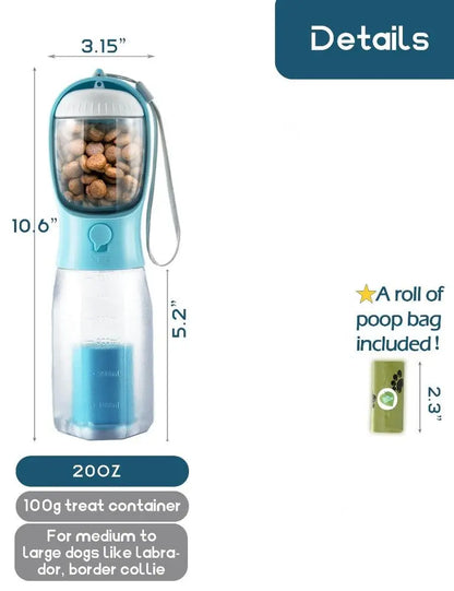 Ultimate 3-in-1 Portable Water Bottle for Dogs - Travel Bowl, Treat Container & Poop Bag Holder - Perfect for Summer Adventures with Large Dogs - Blue, 20Oz