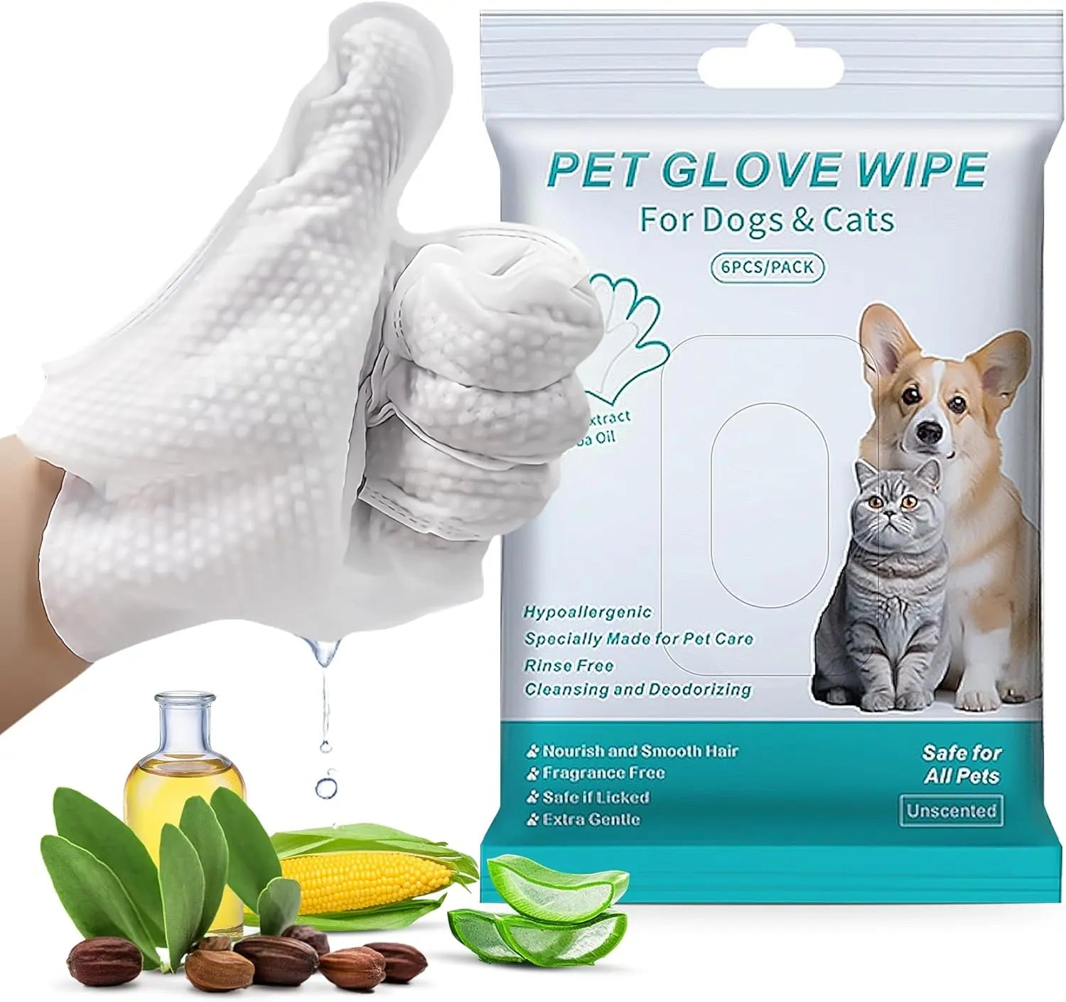 Pet Grooming Gloves and Wipes for Dogs and Cats - Moisturizing, Hypoallergenic, Rinse-Free Cleaning and Deodorizing Solution (6 PCS)