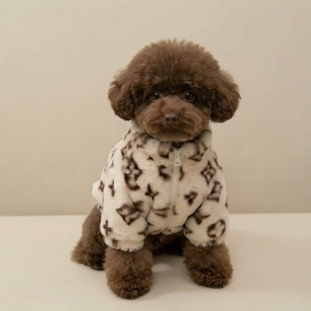 Chic Monogram Faux Fur Dog Coat - Stylish Designer Jacket for Small Dogs & Puppies