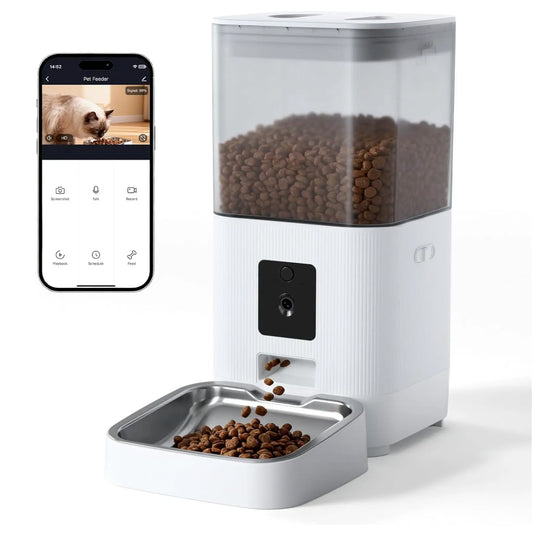 Smart Automatic Pet Feeder with HD Camera, 5G Wifi App Control, Two-Way Audio, Night Vision & Portion Scheduling for Cats & Dogs, Stainless Steel Bowl