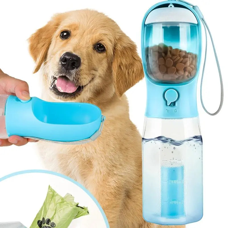 Ultimate 3-in-1 Portable Water Bottle for Dogs - Travel Bowl, Treat Container & Poop Bag Holder - Perfect for Summer Adventures with Large Dogs - Blue, 20Oz