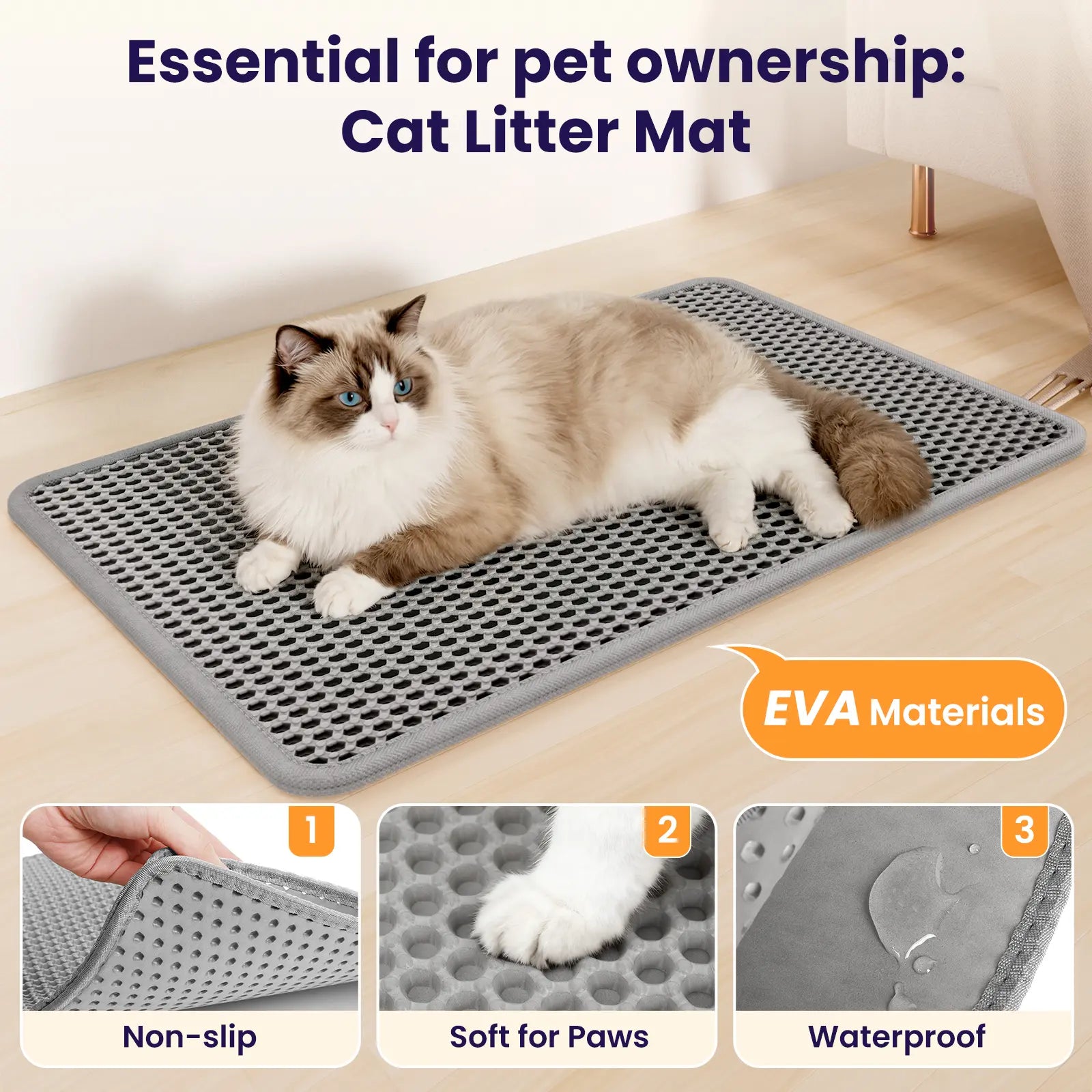 Easy-Clean Cat Litter Trapping Mat | Waterproof & Urine-Proof Floor Protection, 22X16 Inch, Grey Non-Slip Mat#Summervibes #Petlovers