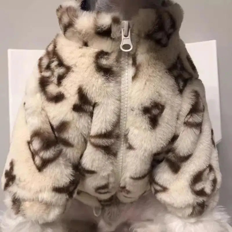 Chic Monogram Faux Fur Dog Coat - Stylish Designer Jacket for Small Dogs & Puppies