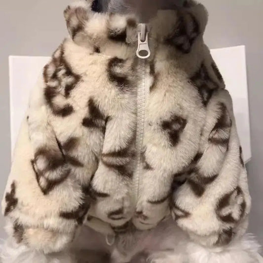 Chic Monogram Faux Fur Dog Coat - Stylish Designer Jacket for Small Dogs & Puppies