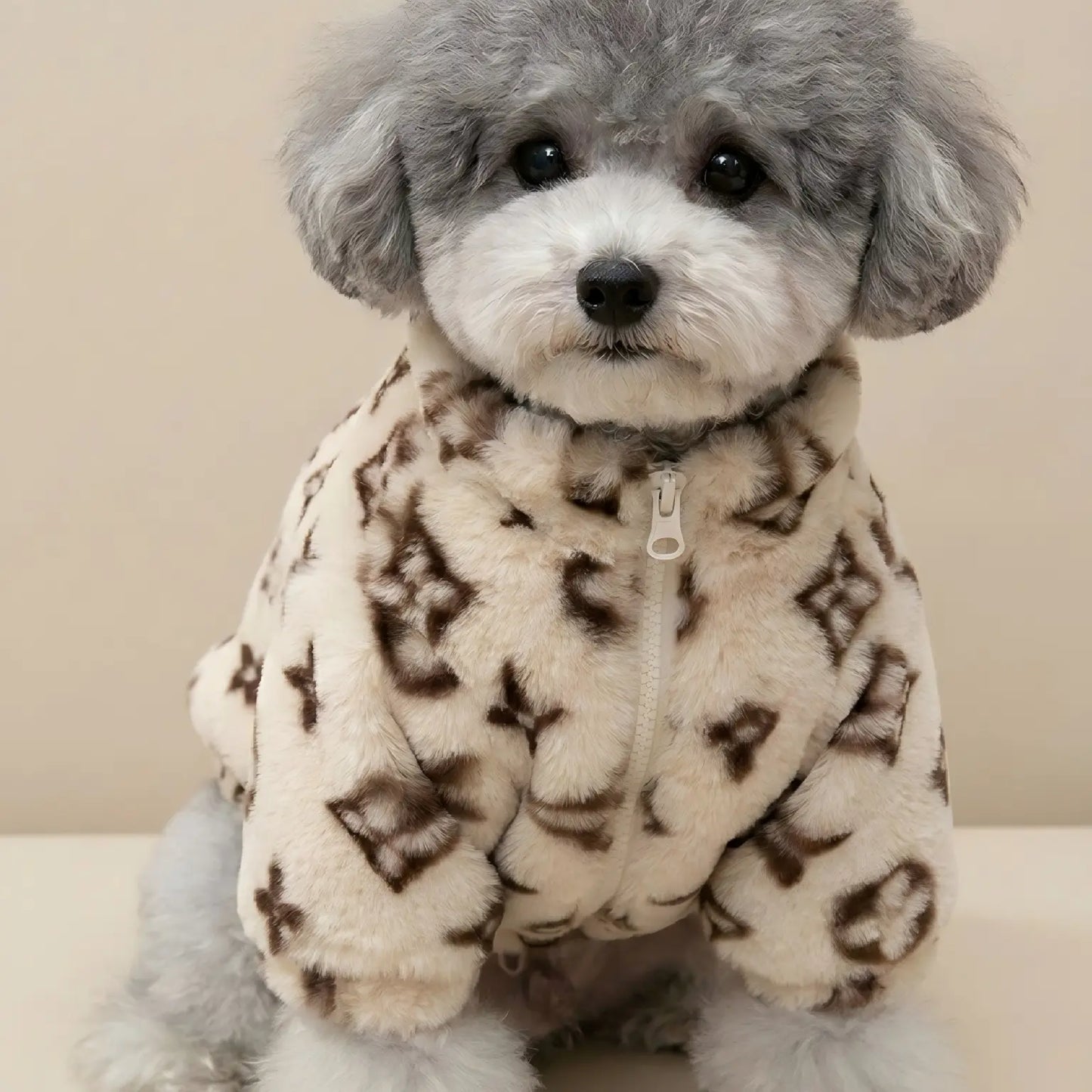 Chic Monogram Faux Fur Dog Coat - Stylish Designer Jacket for Small Dogs & Puppies