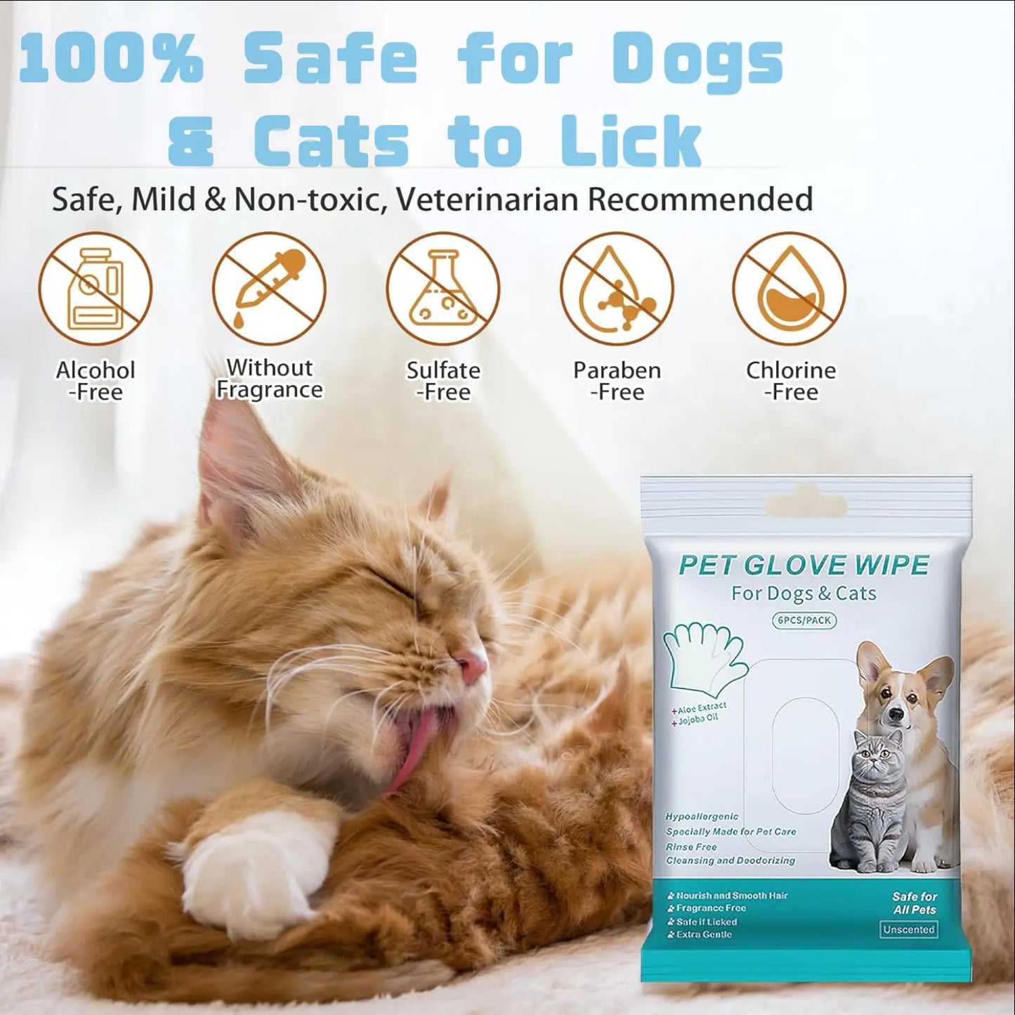 Pet Grooming Gloves and Wipes for Dogs and Cats - Moisturizing, Hypoallergenic, Rinse-Free Cleaning and Deodorizing Solution (6 PCS)