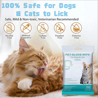 Pet Grooming Gloves and Wipes for Dogs and Cats - Moisturizing, Hypoallergenic, Rinse-Free Cleaning and Deodorizing Solution (6 PCS)