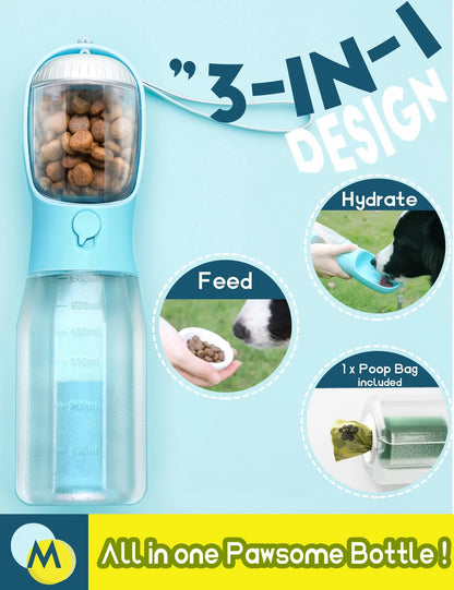 Ultimate 3-in-1 Portable Water Bottle for Dogs - Travel Bowl, Treat Container & Poop Bag Holder - Perfect for Summer Adventures with Large Dogs - Blue, 20Oz