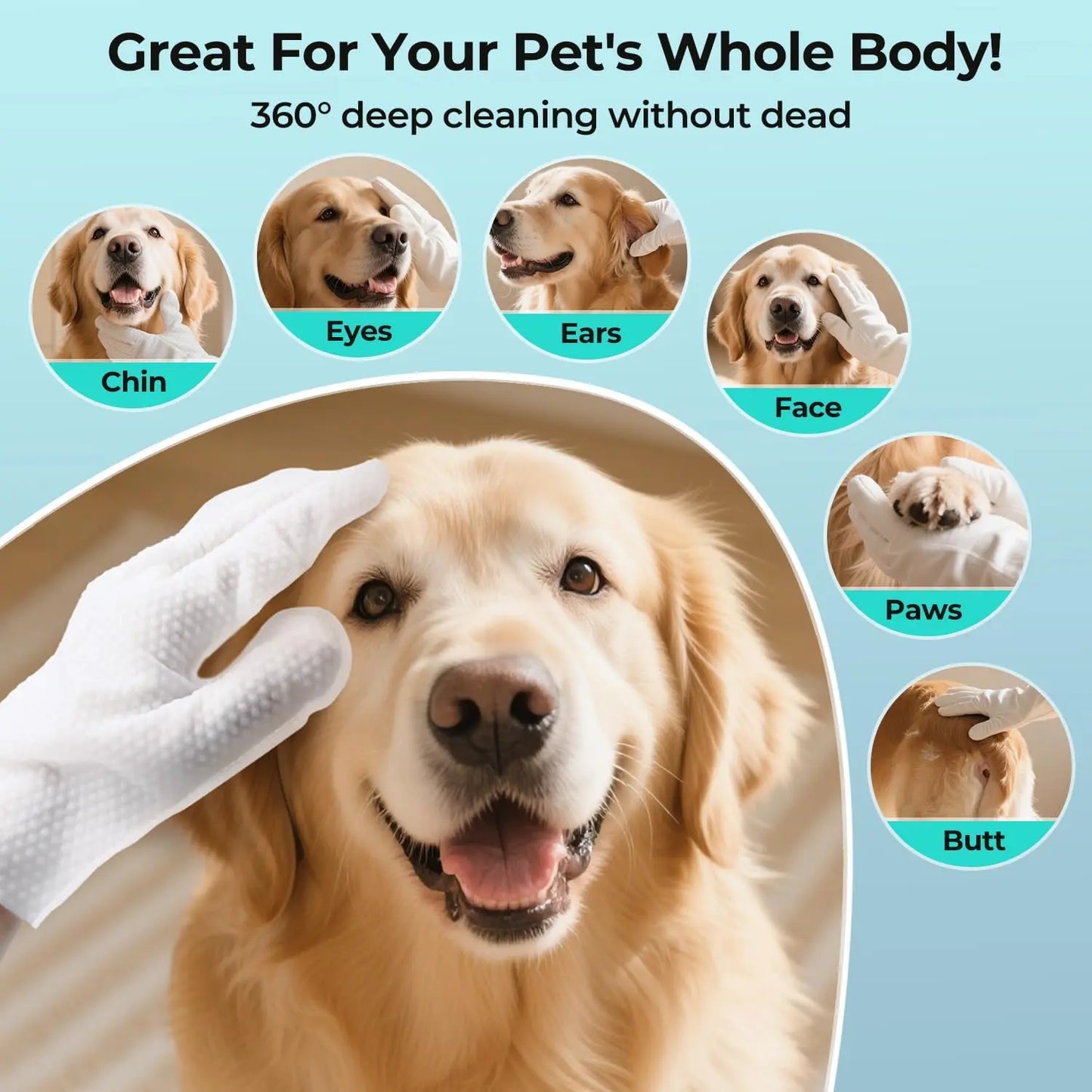 Pet Grooming Gloves and Wipes for Dogs and Cats - Moisturizing, Hypoallergenic, Rinse-Free Cleaning and Deodorizing Solution (6 PCS)